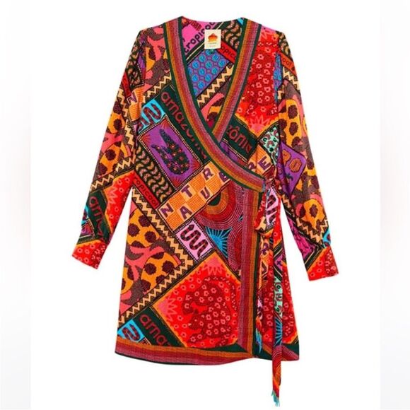 NWT FARM RIO Dotted Patch Scarf Mini Wrap Dress Printed Multicolor Sz. XS - Picture 3 of 7